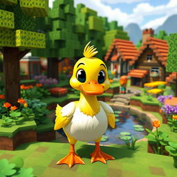 A cute and stylized duck standing in a vibrant Minecraft village, surrounded by pixelated trees, blocky houses, and colorful farm crops