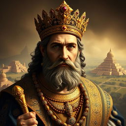 A grand portrait of Cyrus the Achaemenid, the ancient Persian king, dressed in luxurious royal attire featuring ornate gold embroidery