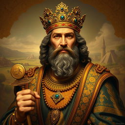 A grand portrait of Cyrus the Achaemenid, the ancient Persian king, dressed in luxurious royal attire featuring ornate gold embroidery