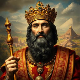 A grand portrait of Cyrus the Achaemenid, the ancient Persian king, dressed in luxurious royal attire featuring ornate gold embroidery
