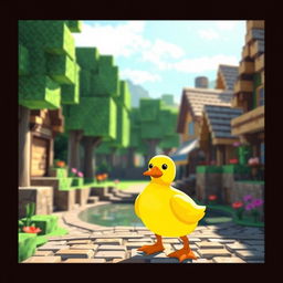 A cute, stylized duck in a Minecraft village, surrounded by blocky trees and colorful pixelated houses