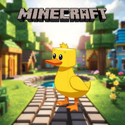 A cute, stylized duck in a Minecraft village, surrounded by blocky trees and colorful pixelated houses