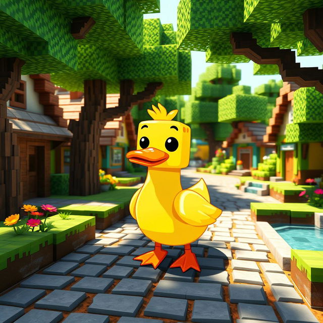A cute, stylized duck in a Minecraft village, surrounded by blocky trees and colorful pixelated houses