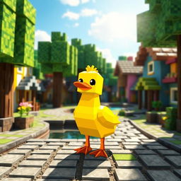A cute, stylized duck in a Minecraft village, surrounded by blocky trees and colorful pixelated houses