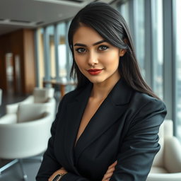 A young woman in her late twenties with charcoal black hair and captivating gray eyes