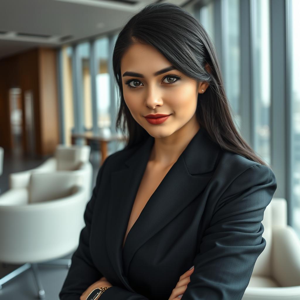 A young woman in her late twenties with charcoal black hair and captivating gray eyes