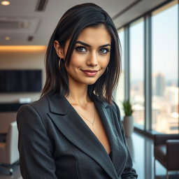 A young woman in her late twenties with charcoal black hair and captivating gray eyes