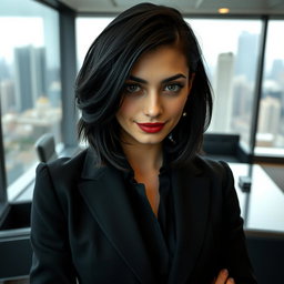 A young woman in her late twenties with charcoal black hair and captivating gray eyes