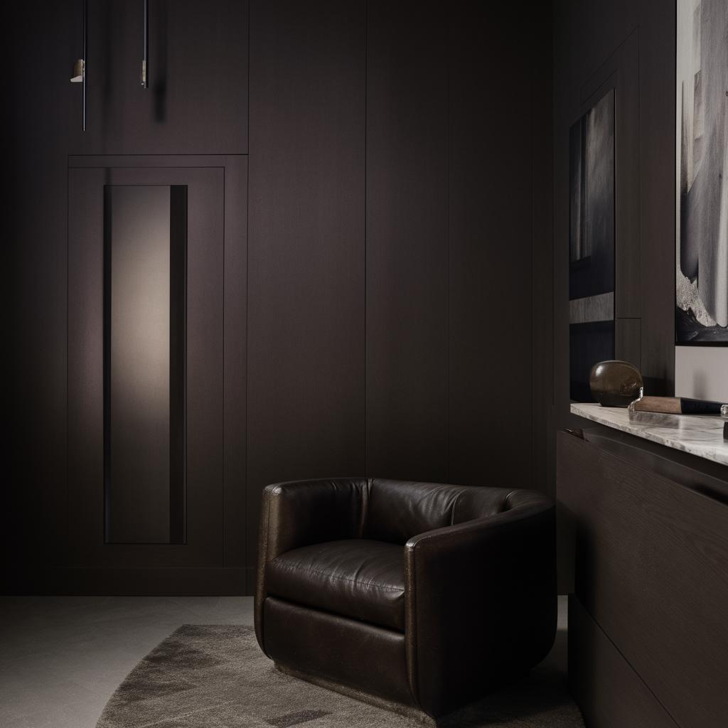 A modern, masculine styled room with contemporary furniture, dark tones, and sleek finishes.