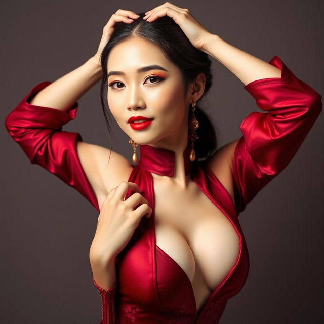 A captivating Chinese girl dressed in a sexy red maroon outfit that elegantly combines traditional elements with a modern twist, showcasing her figure in a stylish way