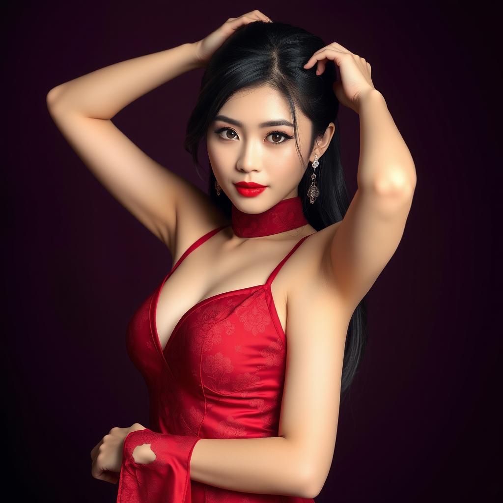 A captivating Chinese girl dressed in a sexy red maroon outfit that elegantly combines traditional elements with a modern twist, showcasing her figure in a stylish way