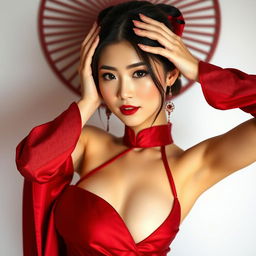 A captivating Chinese girl dressed in a sexy red maroon outfit that elegantly combines traditional elements with a modern twist, showcasing her figure in a stylish way