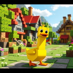 A cheerful Minecraft duck waddling through a vibrant Minecraft village