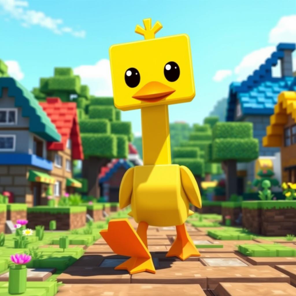 A cheerful Minecraft duck waddling through a vibrant Minecraft village