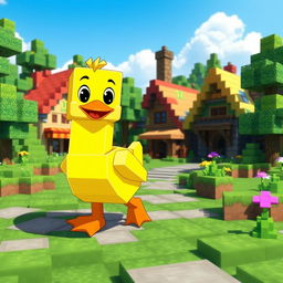 A cheerful Minecraft duck waddling through a vibrant Minecraft village