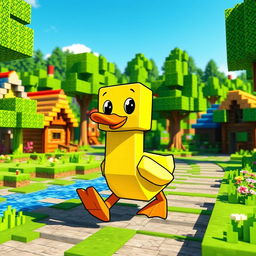A cheerful Minecraft duck waddling through a vibrant Minecraft village