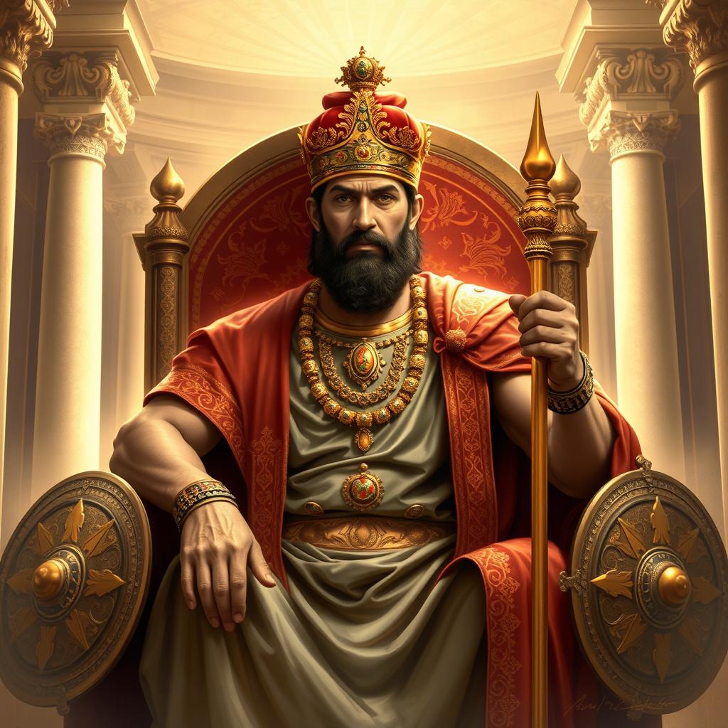 An artistic depiction of Darius the Achaemenid, the great Persian king, dressed in traditional Persian royal attire including a richly embellished tunic and a majestic cape