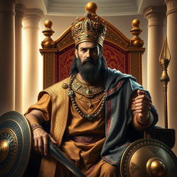 An artistic depiction of Darius the Achaemenid, the great Persian king, dressed in traditional Persian royal attire including a richly embellished tunic and a majestic cape