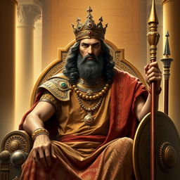 An artistic depiction of Darius the Achaemenid, the great Persian king, dressed in traditional Persian royal attire including a richly embellished tunic and a majestic cape