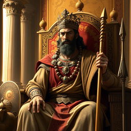 An artistic depiction of Darius the Achaemenid, the great Persian king, dressed in traditional Persian royal attire including a richly embellished tunic and a majestic cape