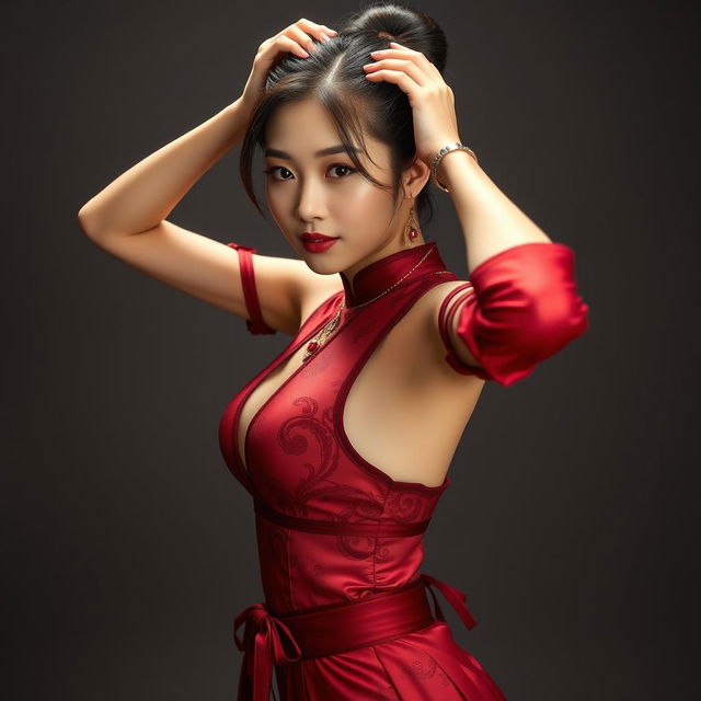 A beautiful Chinese girl wearing a sexy red maroon outfit that incorporates traditional elements with a modern flair, highlighting her curves