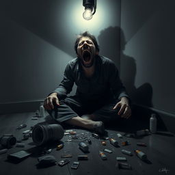 A reflective poster depicting a man sitting on the floor, engulfed in an expression of fear, pain, and struggle