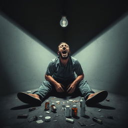 A reflective poster depicting a man sitting on the floor, engulfed in an expression of fear, pain, and struggle