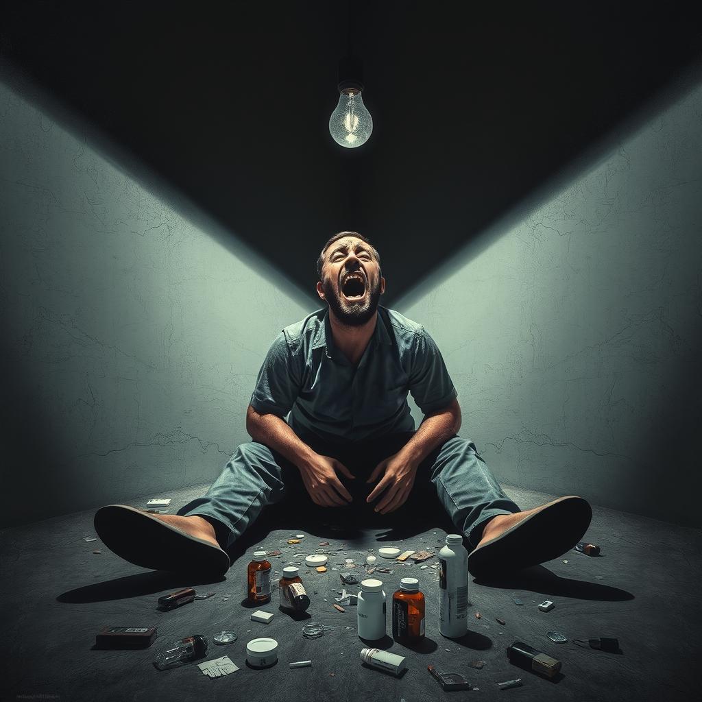 A reflective poster depicting a man sitting on the floor, engulfed in an expression of fear, pain, and struggle