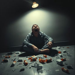 A reflective poster depicting a man sitting on the floor, engulfed in an expression of fear, pain, and struggle