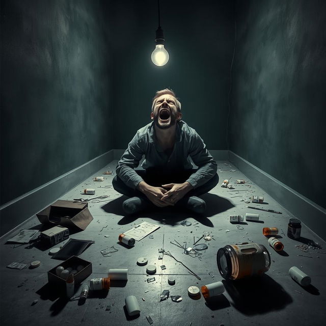 A reflective poster depicting a man sitting on the floor, engulfed in an expression of fear, pain, and struggle