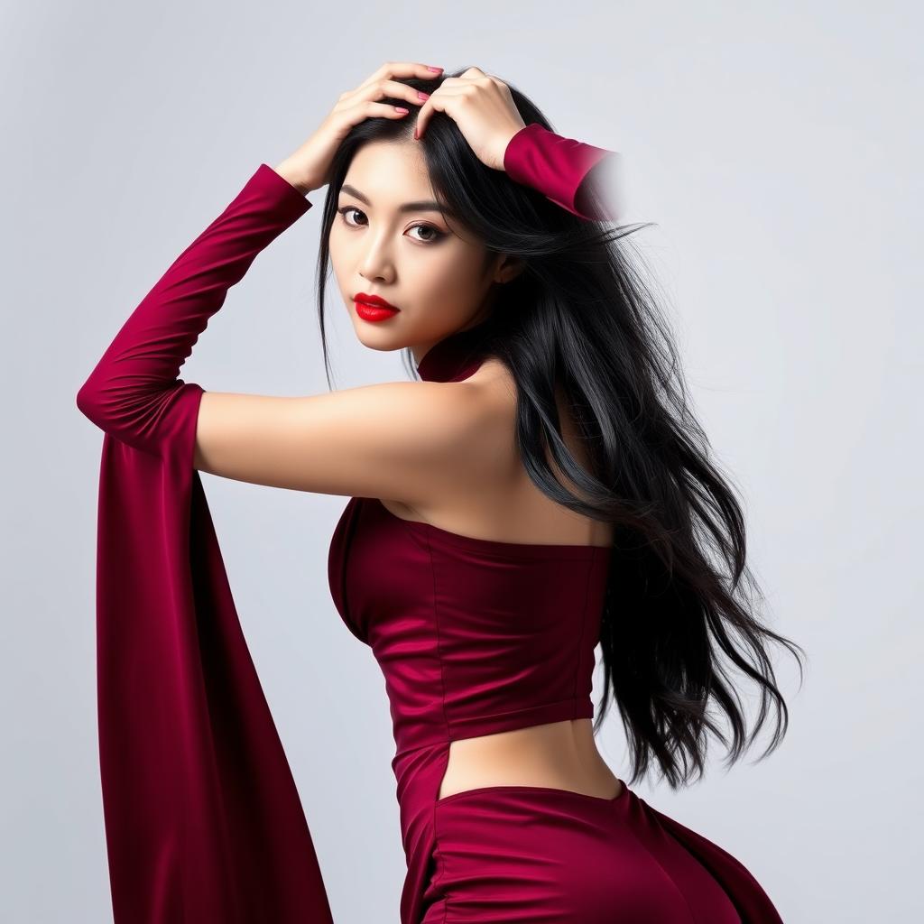 A beautiful Chinese girl striking a sexy pose with her hands on her head, wearing a stunning maroon outfit that accentuates her figure