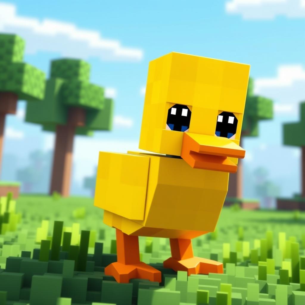 A cute, cartoonish Minecraft duck made up of pixelated blocks, standing on green grass within a Minecraft landscape