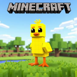 A cute, cartoonish Minecraft duck made up of pixelated blocks, standing on green grass within a Minecraft landscape