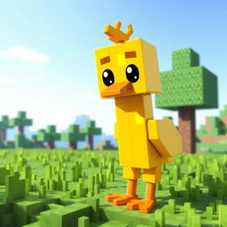 A cute, cartoonish Minecraft duck made up of pixelated blocks, standing on green grass within a Minecraft landscape
