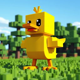A cute, cartoonish Minecraft duck made up of pixelated blocks, standing on green grass within a Minecraft landscape