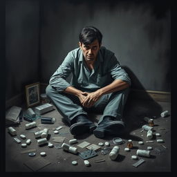 A reflective poster featuring a man sitting on the floor, his expression filled with fear, pain, and struggle
