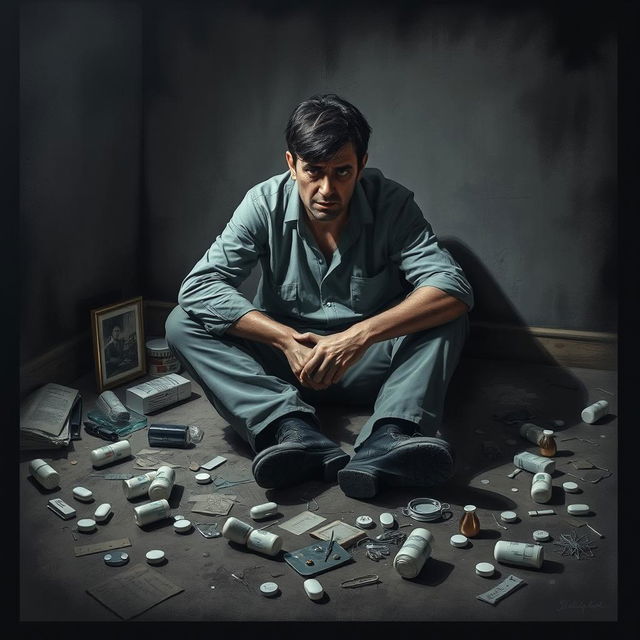 A reflective poster featuring a man sitting on the floor, his expression filled with fear, pain, and struggle