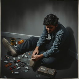 A reflective poster featuring a man sitting on the floor, his expression filled with fear, pain, and struggle