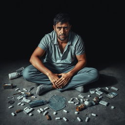 A reflective poster featuring a man sitting on the floor, his expression filled with fear, pain, and struggle