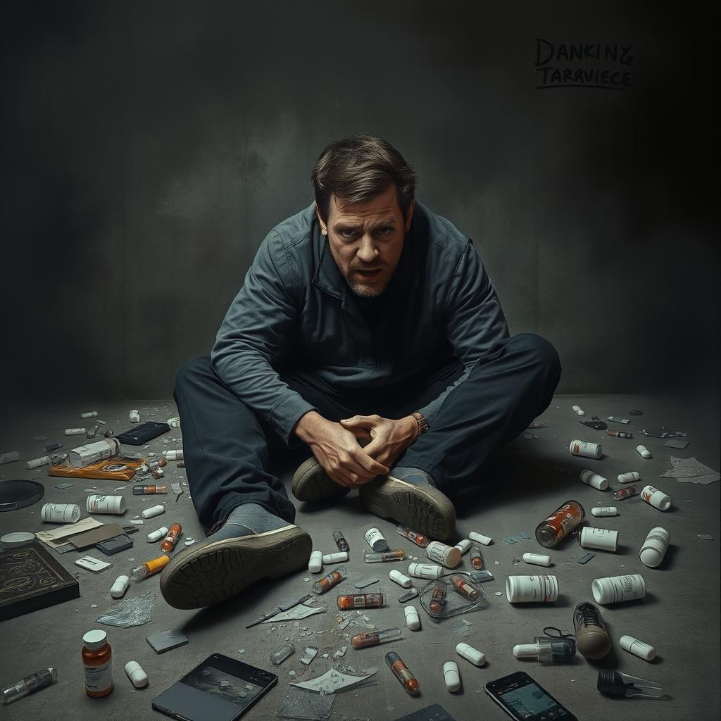 A reflective poster featuring a man sitting on the floor, his expression filled with fear, pain, and struggle
