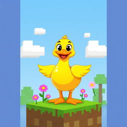 A cheerful, cartoon-style duck in a Minecraft environment, with a vibrant yellow body, big round eyes, and a cute smile