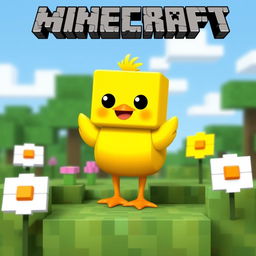 A cheerful, cartoon-style duck in a Minecraft environment, with a vibrant yellow body, big round eyes, and a cute smile