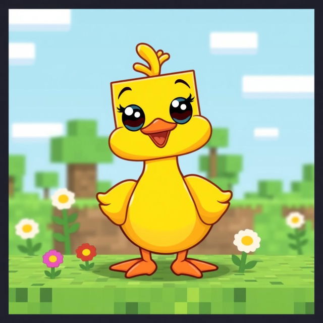 A cheerful, cartoon-style duck in a Minecraft environment, with a vibrant yellow body, big round eyes, and a cute smile