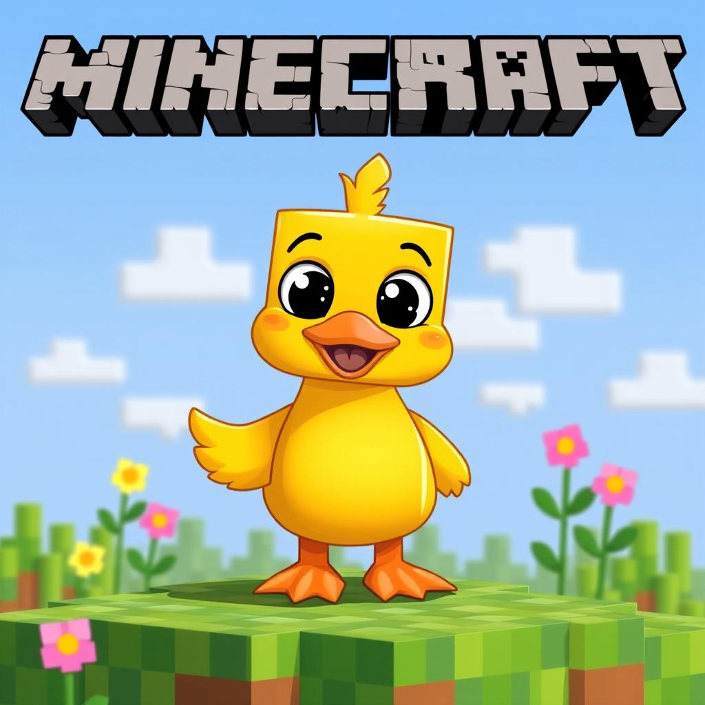 A cheerful, cartoon-style duck in a Minecraft environment, with a vibrant yellow body, big round eyes, and a cute smile