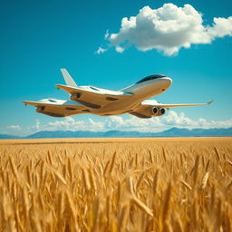 An alien airplane hovering over a vast golden wheat farm under a bright blue sky