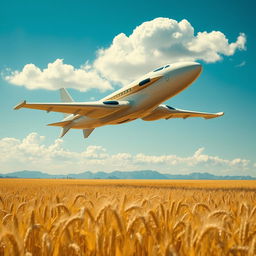 An alien airplane hovering over a vast golden wheat farm under a bright blue sky