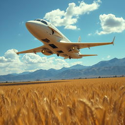 An alien airplane hovering over a vast golden wheat farm under a bright blue sky