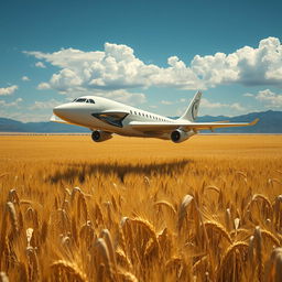 An alien airplane hovering over a vast golden wheat farm under a bright blue sky