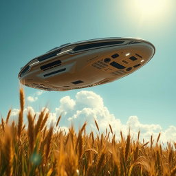 An alien spacecraft hovering above a golden wheat farm under a bright blue sky