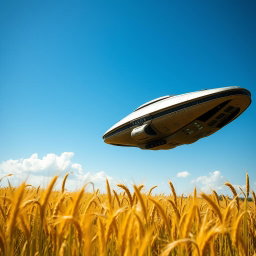 An alien spacecraft hovering above a golden wheat farm under a bright blue sky